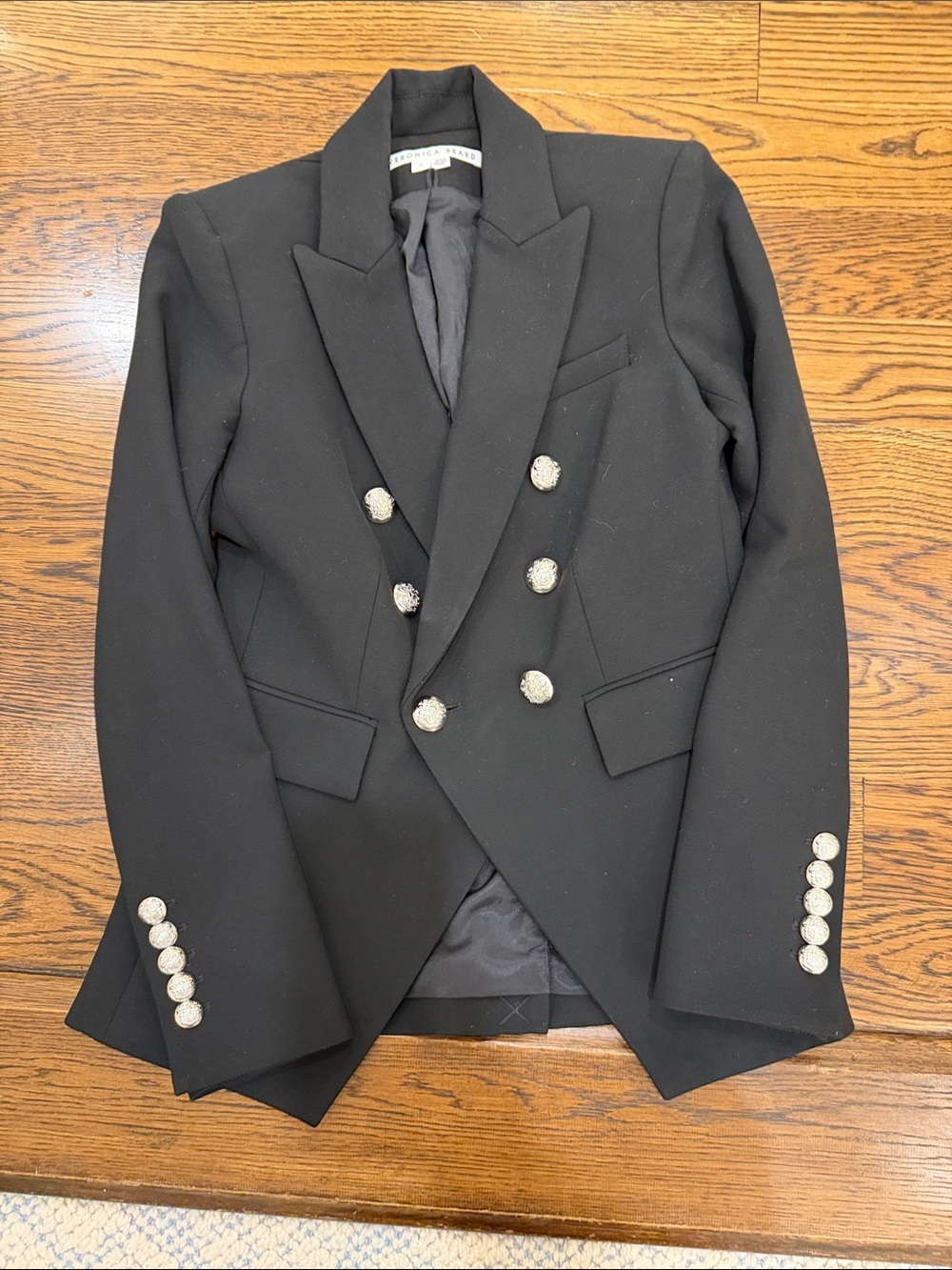 Veronica Beard Black Double-Breasted Pea Coat with Decorative Buttons